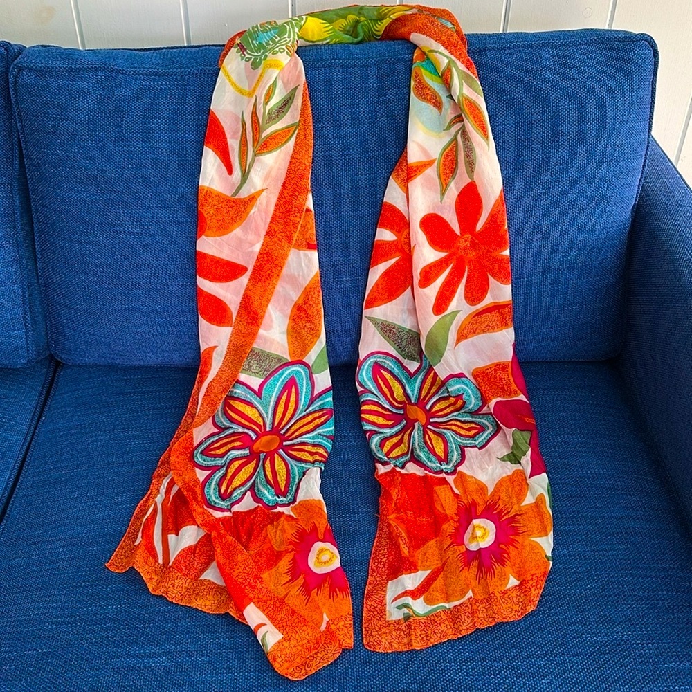 100% Silk Scarf Large Tropical Floral Long Rectangle 19”x 82” EUC